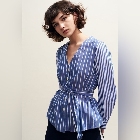 CLAUDIE PIERLOT Tops - CLAUDIE PIERLOT Striped Seersucker Blouse blue white western  costal cowgirl 38